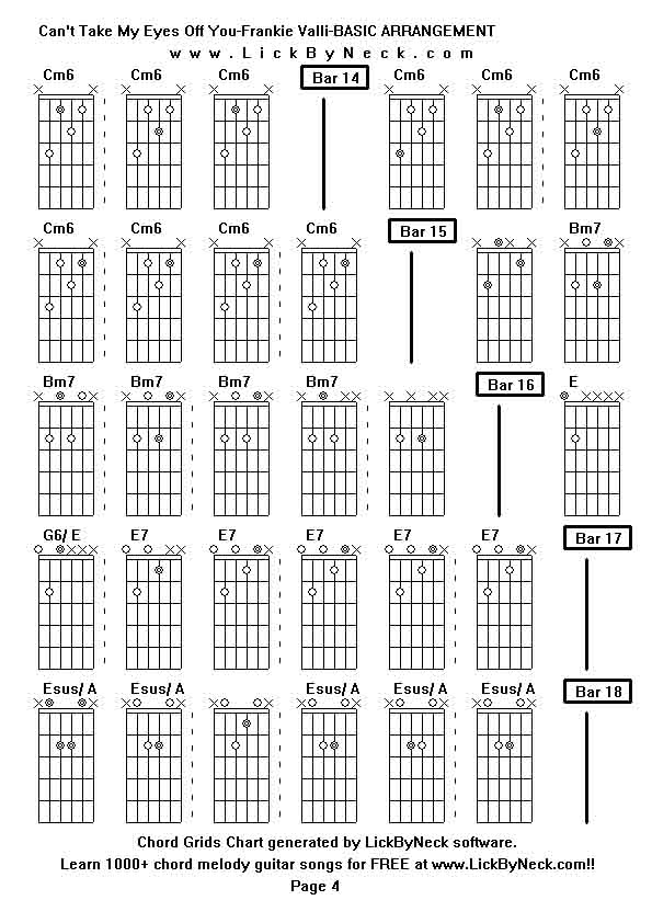 Chord Grids Chart of chord melody fingerstyle guitar song-Can't Take My Eyes Off You-Frankie Valli-BASIC ARRANGEMENT,generated by LickByNeck software.